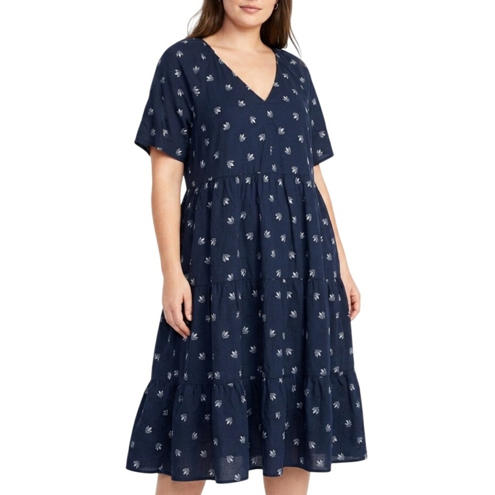 Old Navy Tiered‎ Swing Dress Womens XL Navy Blue Leaf Print Boho Casual V-Neck